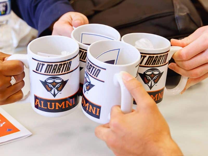 White mug with Skyhawk logo and UT Martin Alumni text