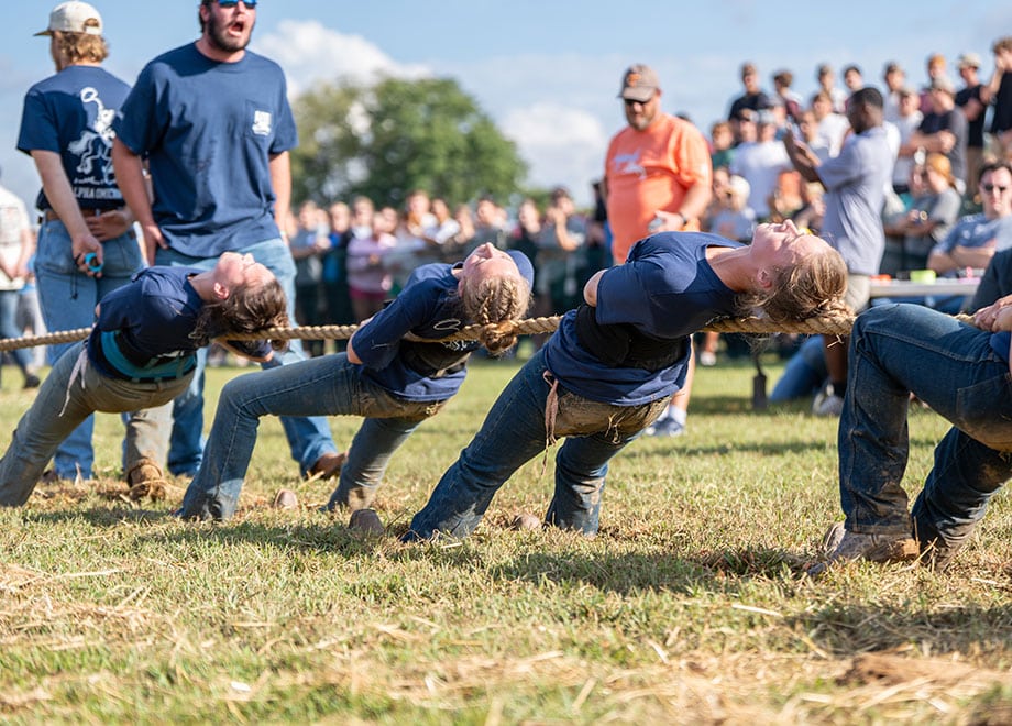 Three adults pulling hard on a rope.